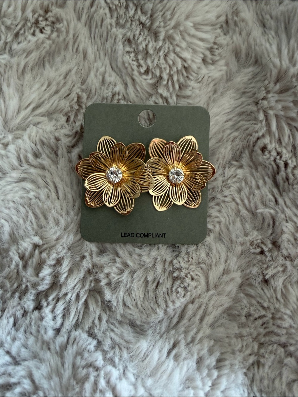 Gold Floral Statement Earrings with Crystal Center